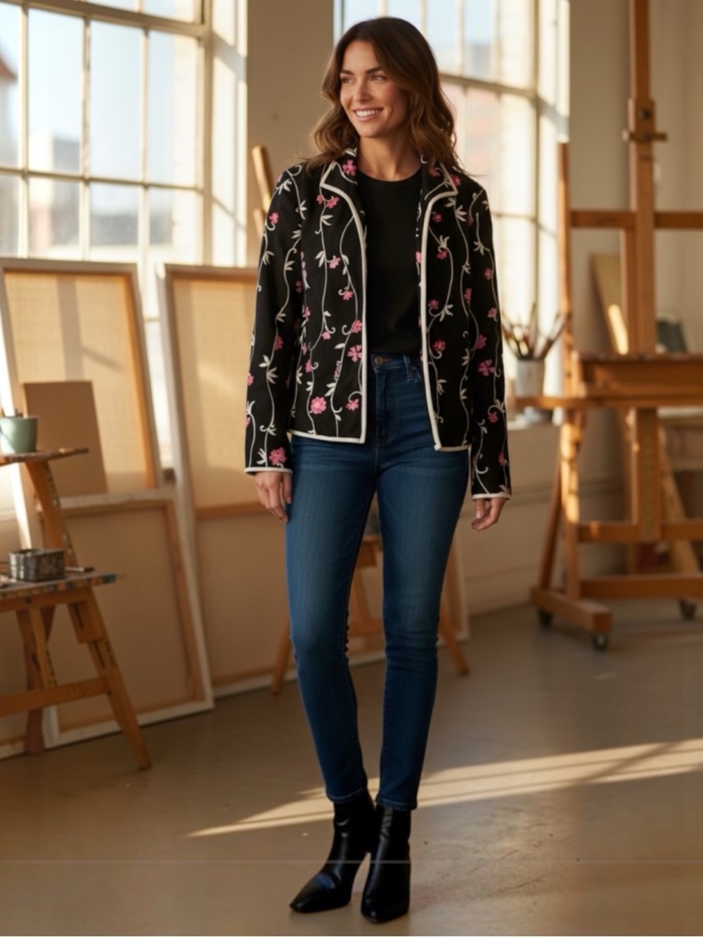 Peck & Peck women's black floral embroidered blazer pink white Sz 12  #276